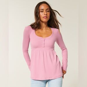 NWT- Hollister pink Tie Back Henley Babydoll Top  Y2K - small- fitted top